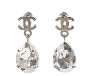 Chanel Silver CC Tear Drop Crystal Shiny Earrings