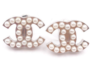Chanel Vintage Silver CC Pearl Piercing Earrings