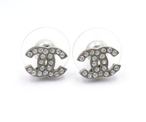 Chanel Classic Silver CC Crystal Small Piercing Earrings