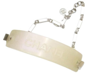 Chanel Iridescent Pink Band Silver Chain Bracelet