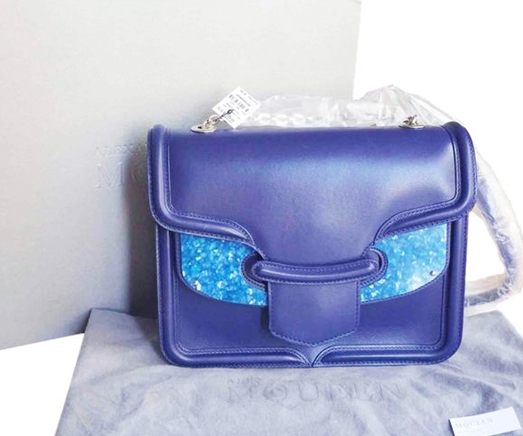 Alexander McQueen Brand New Blue Crystal Lucite Heroine Satchel as seen on Elizabeth Olsen and Lily Collins - Image 2