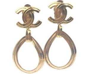 Chanel Vintage Gold Plated CC Open Tear Drop Clip on Earrings