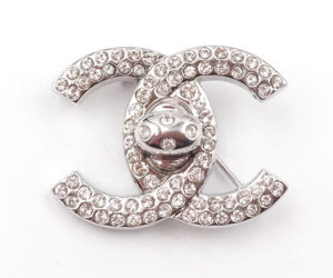 Chanel Vintage Silver CC Crystal Turnlock Brooch