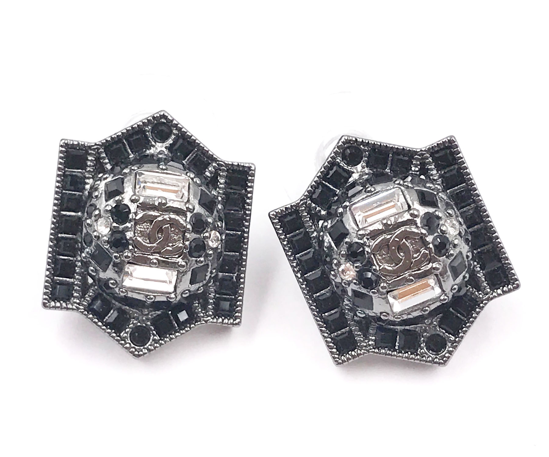 Chanel Brand New Ruthenium Patch Black Clear Crystal Earrings