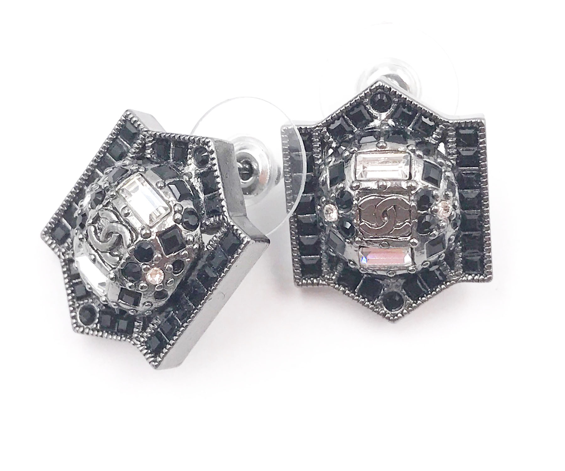 Chanel Brand New Ruthenium Patch Black Clear Crystal Earrings - Image 3