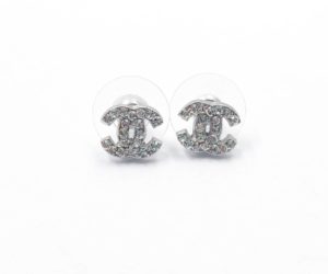 Chanel Classic Silver CC Crystal Oval Small Piercing Earrings