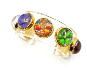 Chanel Vintage Super Rare Gold CC Clear Resin Flower Stud Bangle Cuff