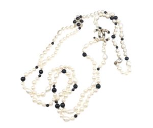 Chanel Gold CC Black Stone Faux Pearl 2 Strand Long Pearl Necklace