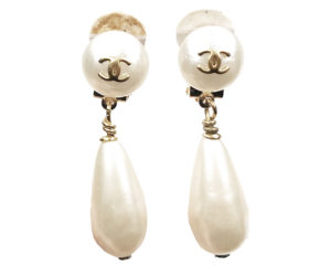 Chanel Vintage Gold Plated CC Pearl Tear Drop Dangle Clip on Earrings