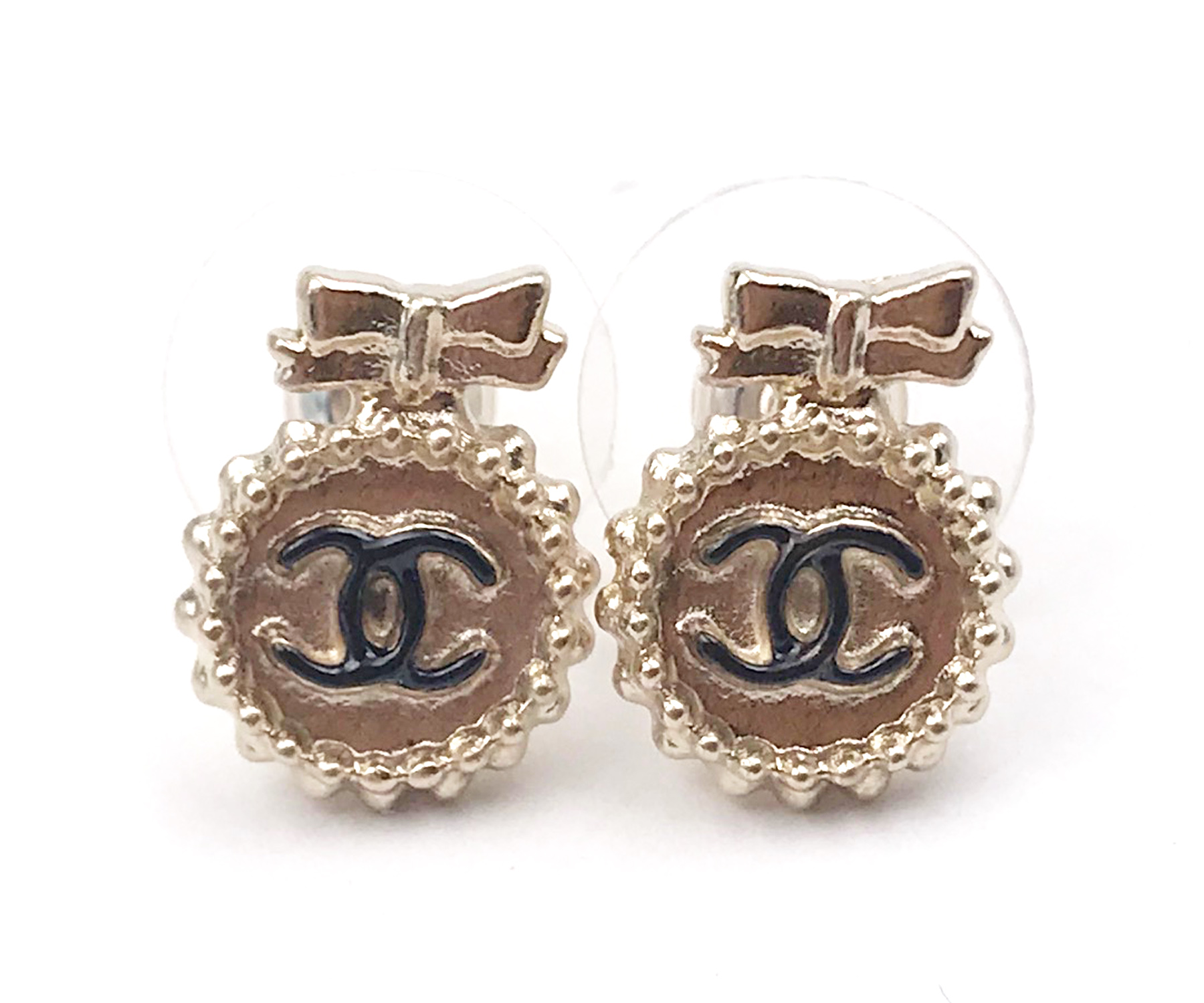 Chanel Gold Bow CC Round Small Button Piercing Earrings