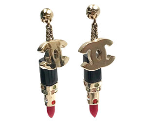Chanel Rare Gold CC Lipstick Crystal Dangle Piercing Earrings