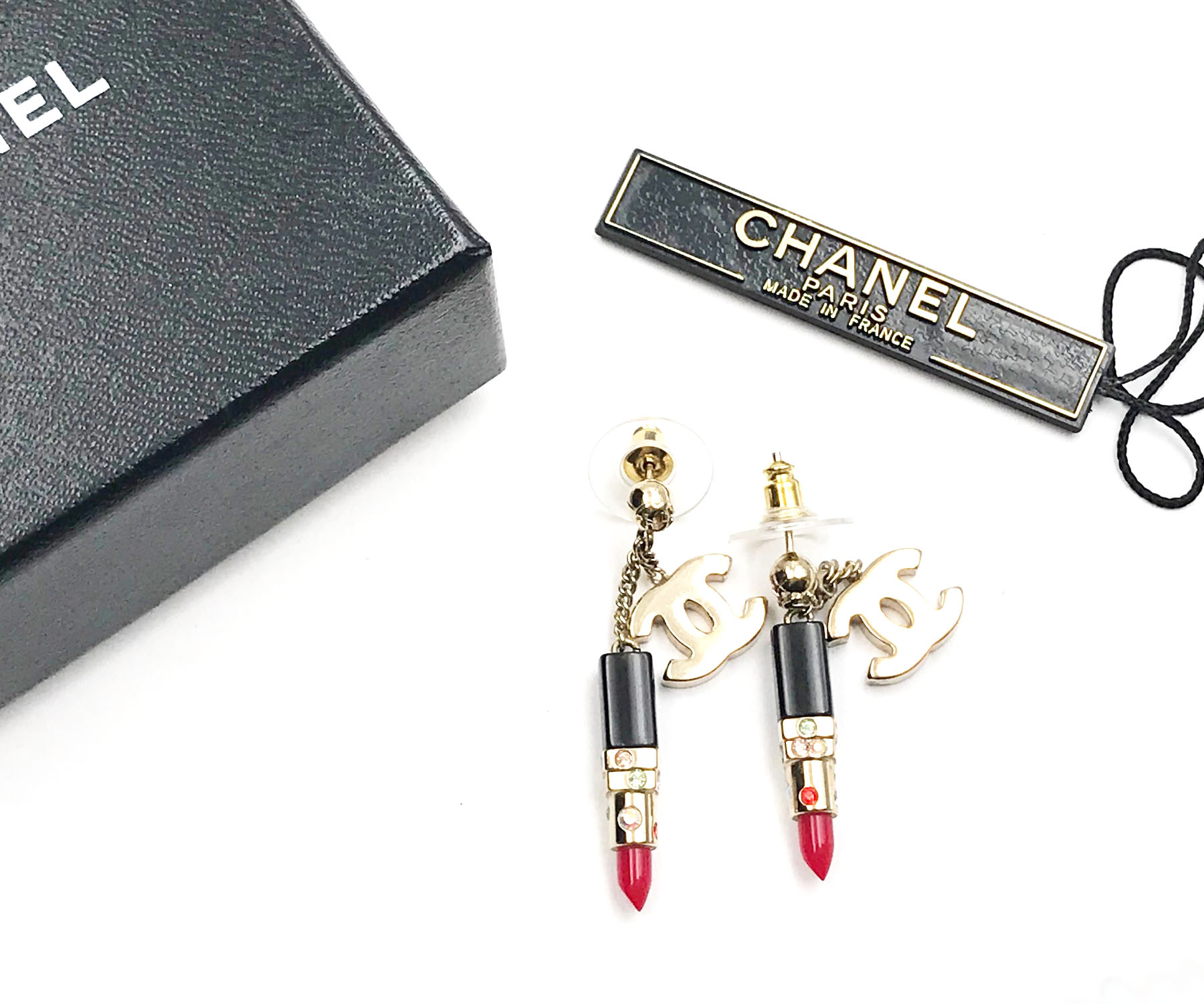 Chanel Rare Gold CC Lipstick Crystal Dangle Piercing Earrings - Image 2