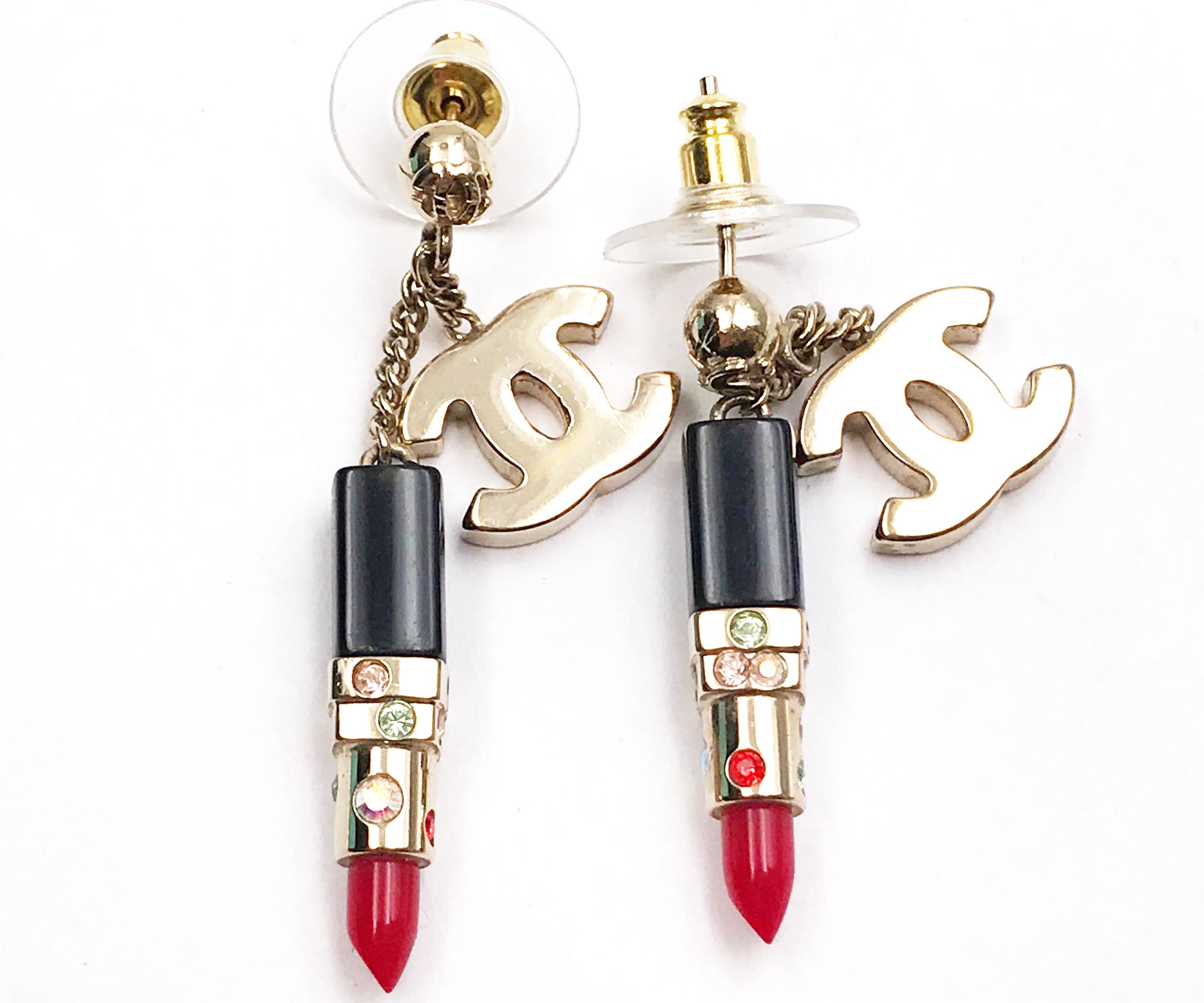 Chanel Rare Gold CC Lipstick Crystal Dangle Piercing Earrings - Image 3