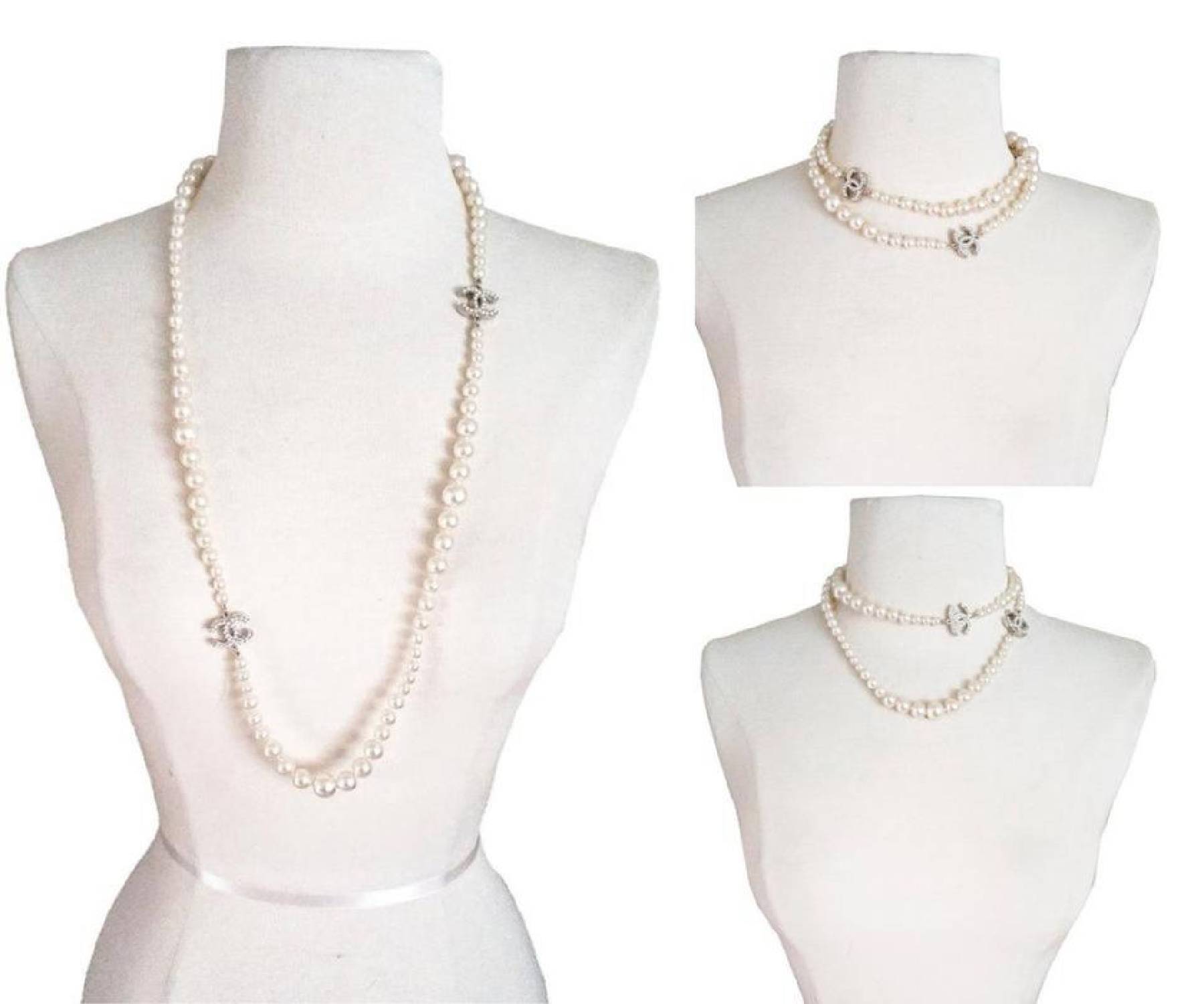 Chanel Classic 2 Silver CC White Bead Pearl Necklace - Image 3