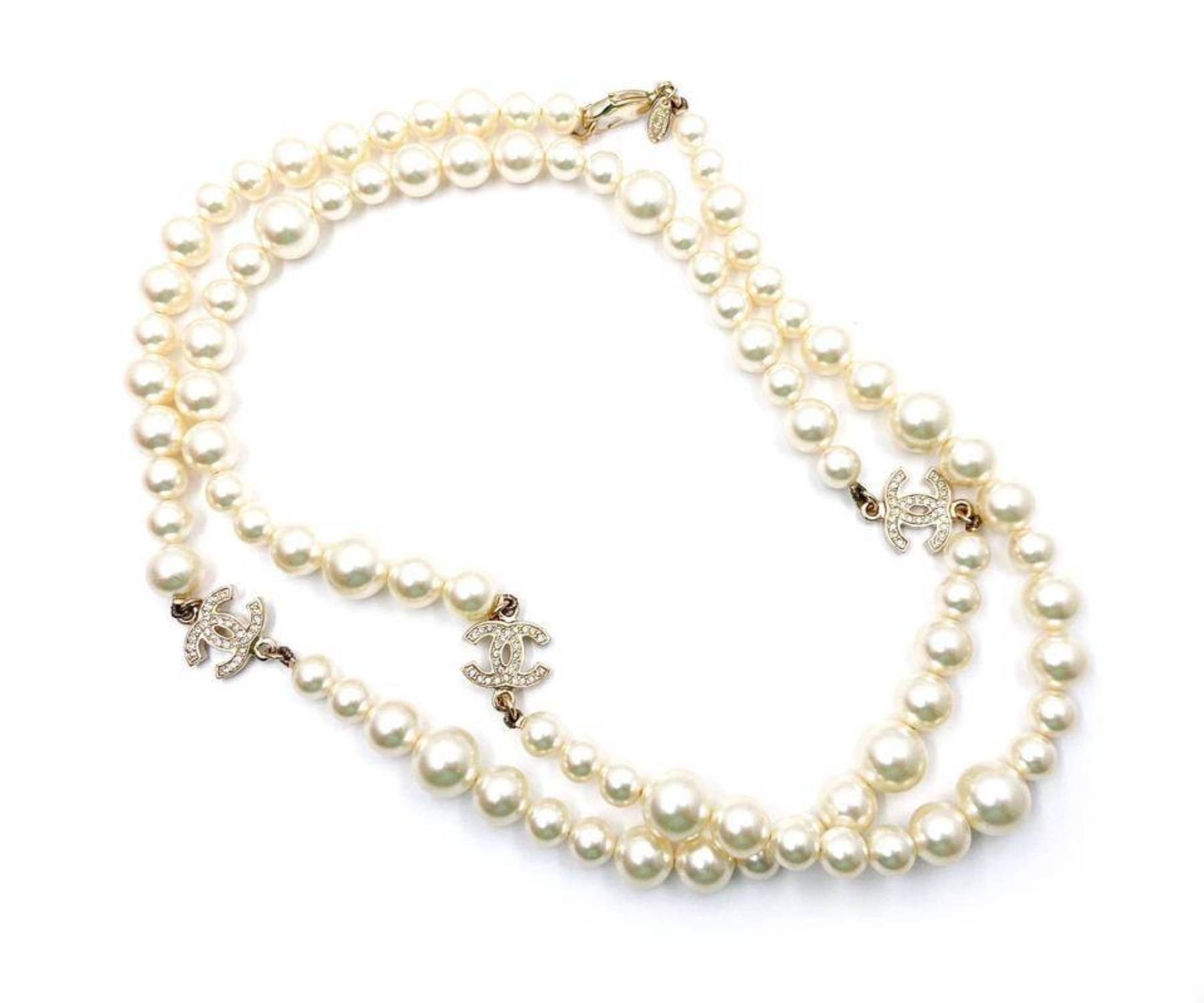 Chanel Classic 3 Gold CC Crystal Long Pearl Necklace - LAR Vintage