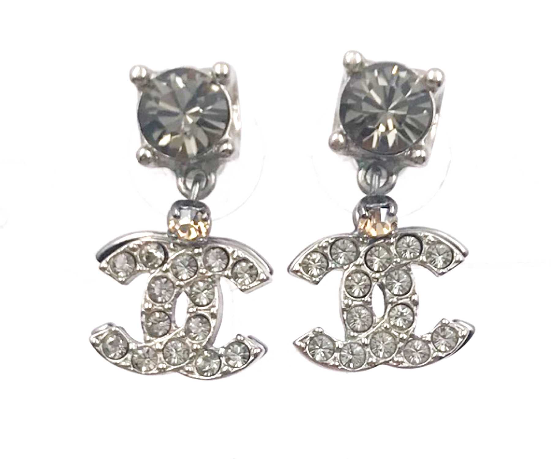 Chanel Ruthenium Silver Overlapped CC Crystal Large Piercing Earrings