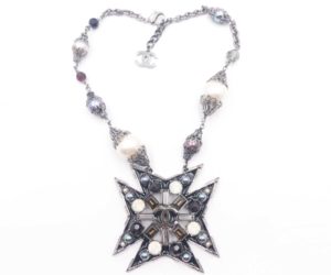 Chanel Rare Gunmetal Star Multi Color Stone Faux Pearl Necklace