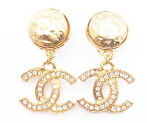 Chanel Vintage Gold Plated Round Texture CC Crystal Dangle Clip on Earrings