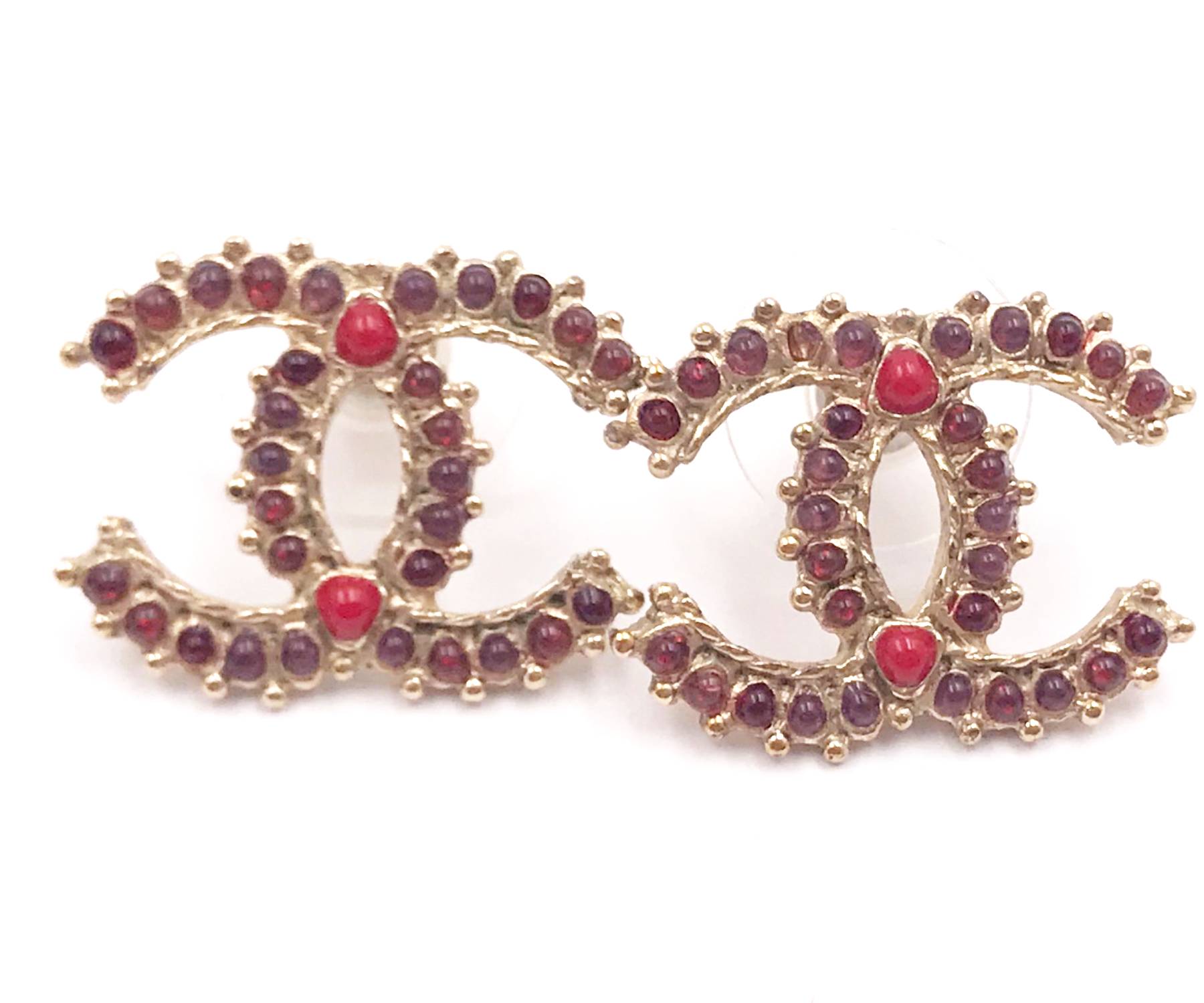 Chanel Gold CC Spanish Red Stone Piercing Earrings - LAR Vintage
