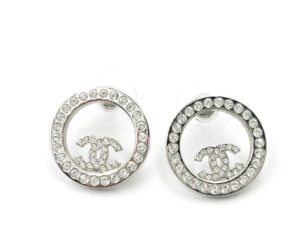 Chanel Silver CC Crystal Round Piercing Earrings