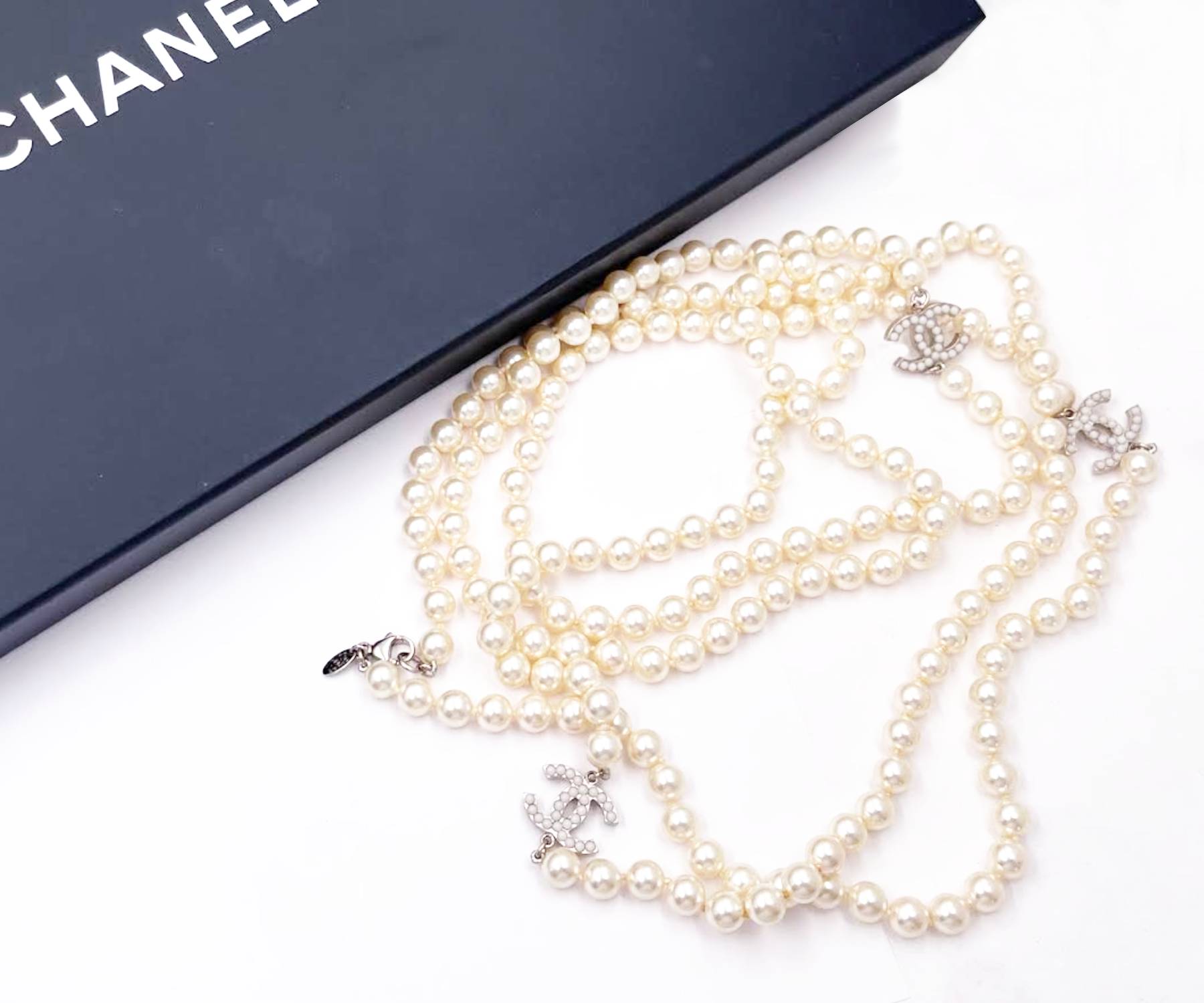 Chanel Classic Silver CC 72" Faux Pearl Super Long Necklace - Image 2