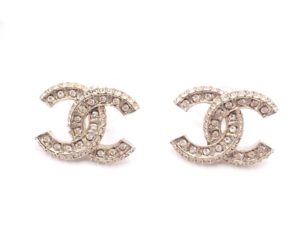 Chanel Brand New Classic Gold CC Crystal Block Piercing Earrings
