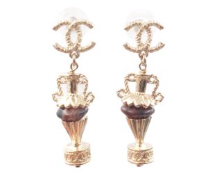Chanel Brand New Gold CC Brown Stone Amphora Piercing Earrings