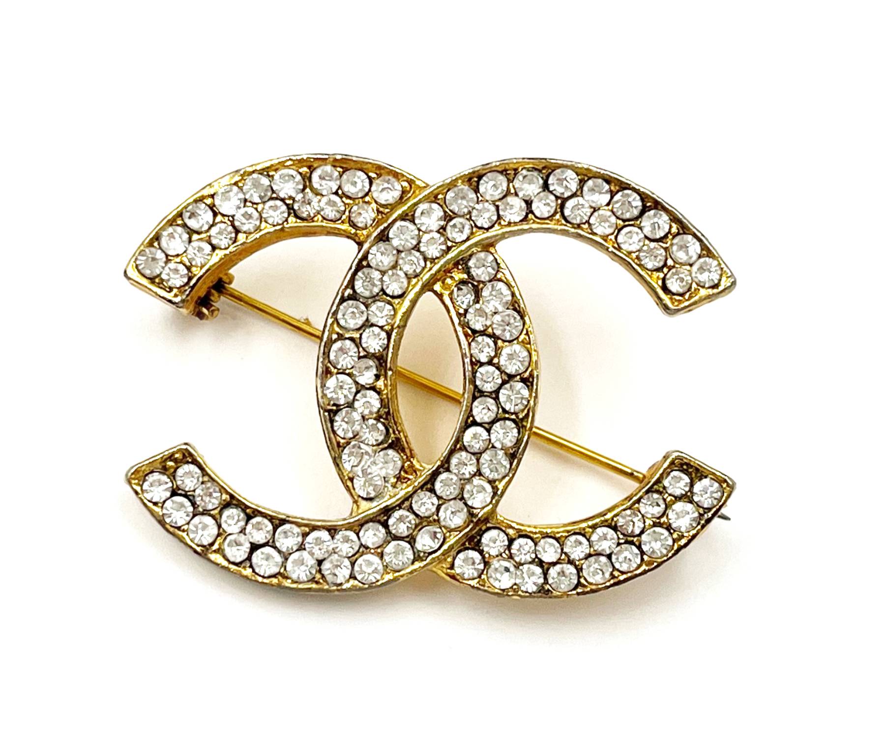 Chanel Vintage Classic Gold Plated CC Silver Crystal Brooch - LAR