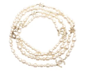 Chanel Gold Sketchy Line CC 2 Strand Faux Pearl Necklace