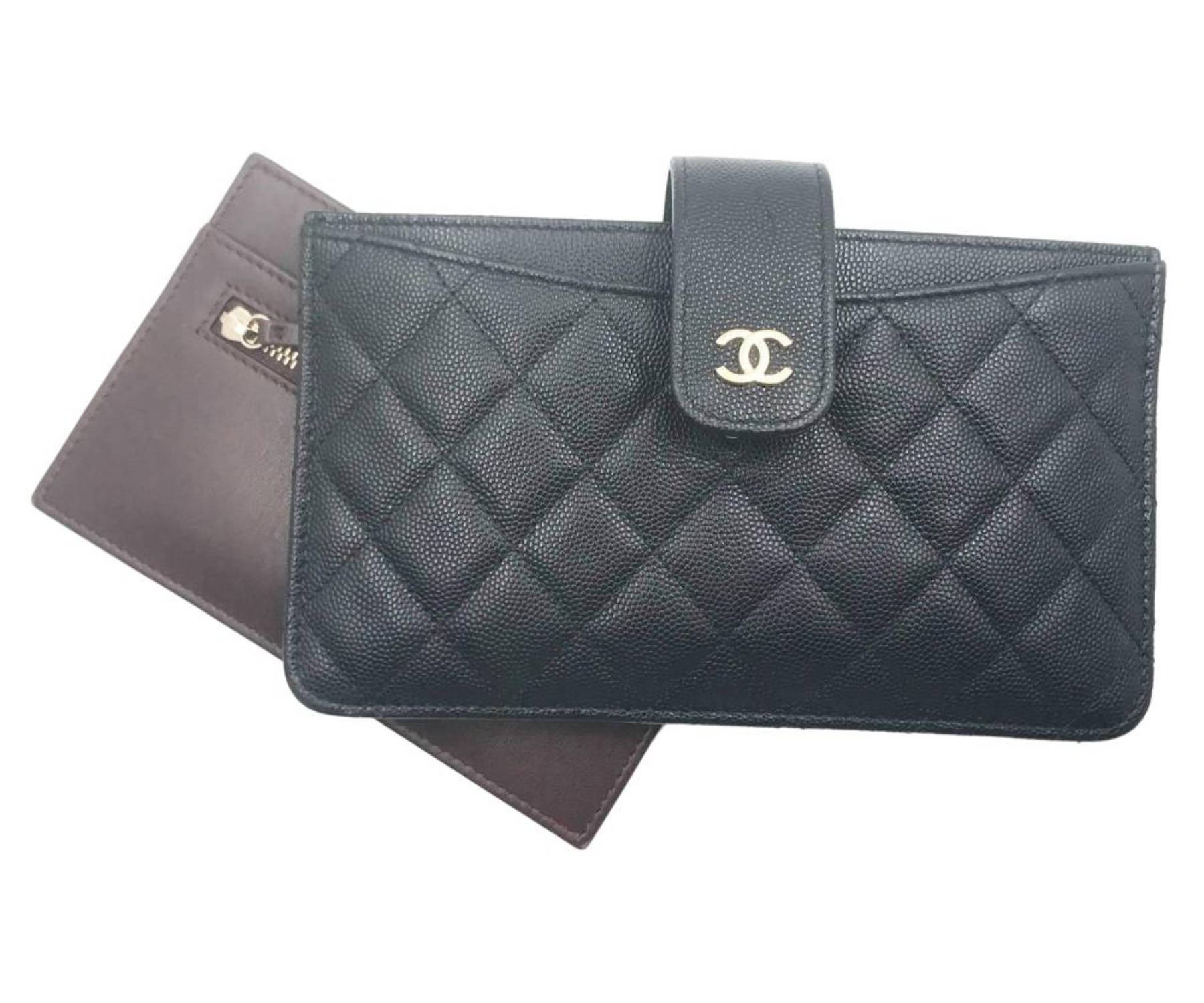 Chanel Classic Black Caviar 2 Set Pouch Long Wallet