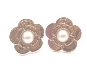 Chanel Gold Embossed Camellia Pearl Piercing Earrings