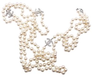 Chanel Classic Silver CC  72" Super Long Faux Pearl Necklace