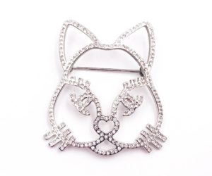 Chanel Silver Cat Round Square Princess Crystal Small Brooch