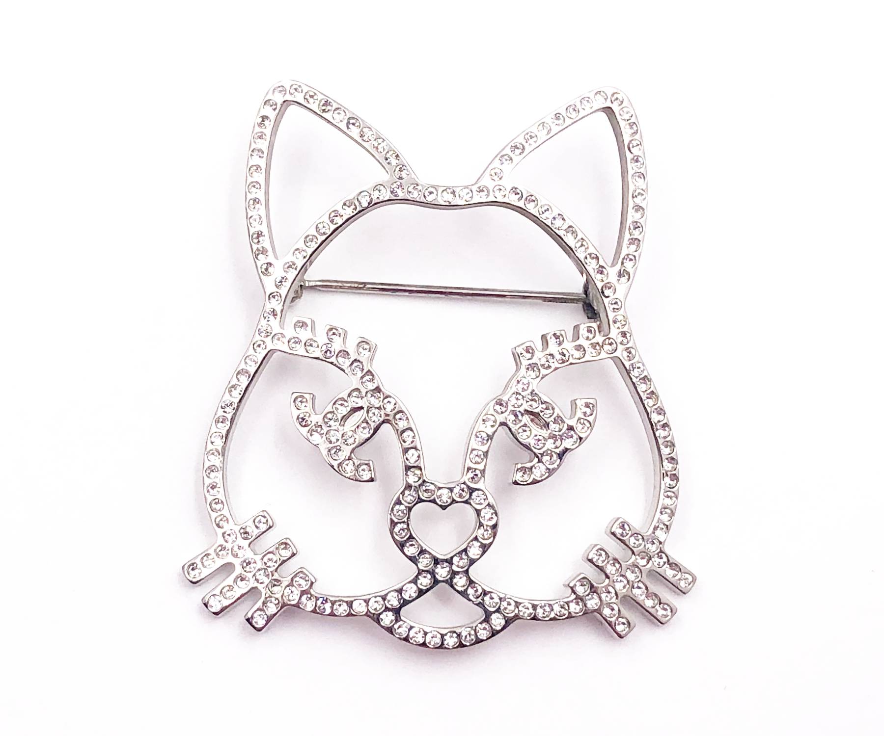 Chanel Silver Cat Round Square Princess Crystal Small Brooch