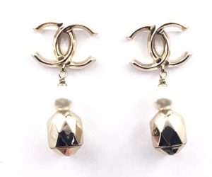 Chanel Gold CC Pearl Geo Dangle Piercing Earrings