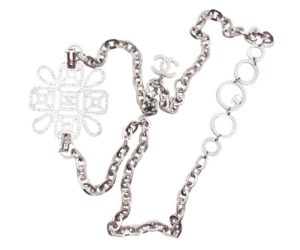 Chanel Silver CC Pendant Ring Crystal Necklace