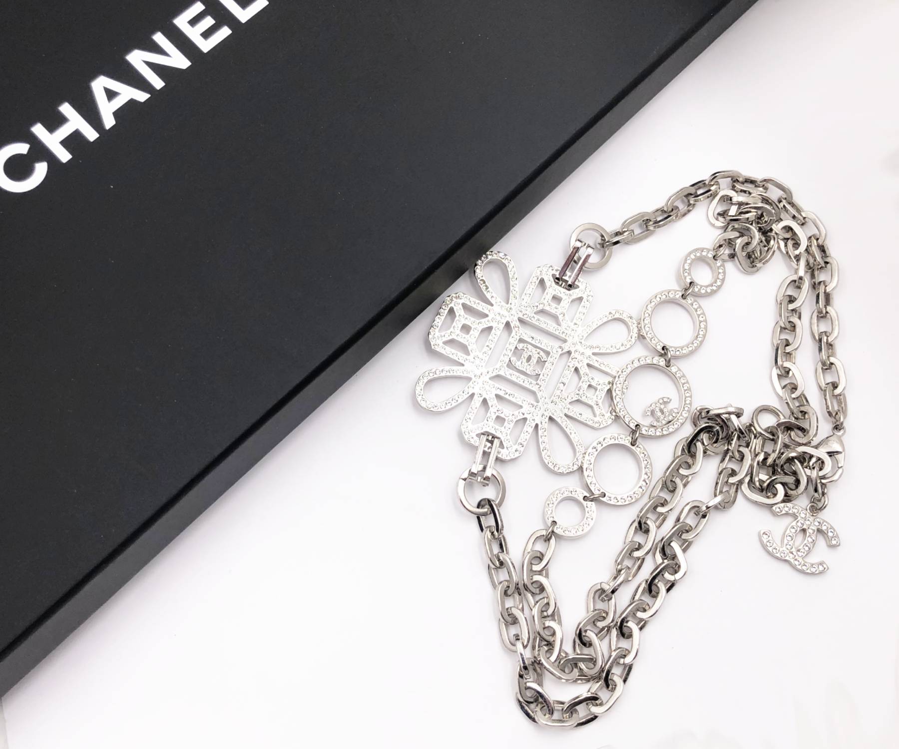 Chanel Silver CC Pendant Ring Crystal Necklace - Image 2