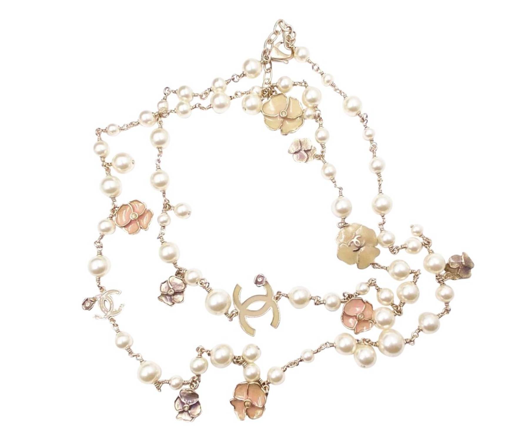 Chanel Gold CC Pastel Flowers Pearl Necklace