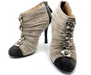 Chanel Silver Camellia Black Warm Grey Suede Ankle Boots