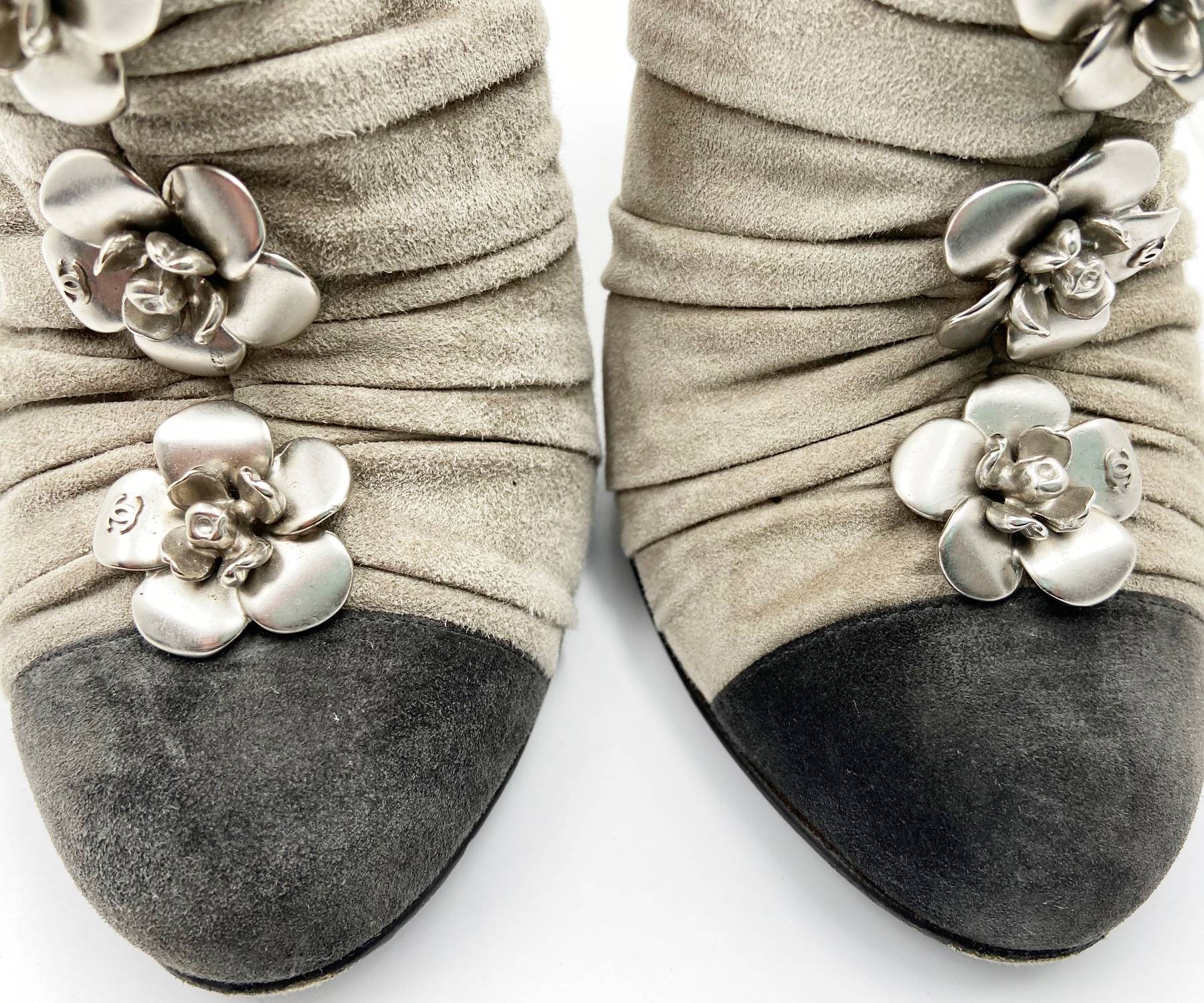 Chanel Silver Camellia Black Warm Grey Suede Ankle Boots - Image 6