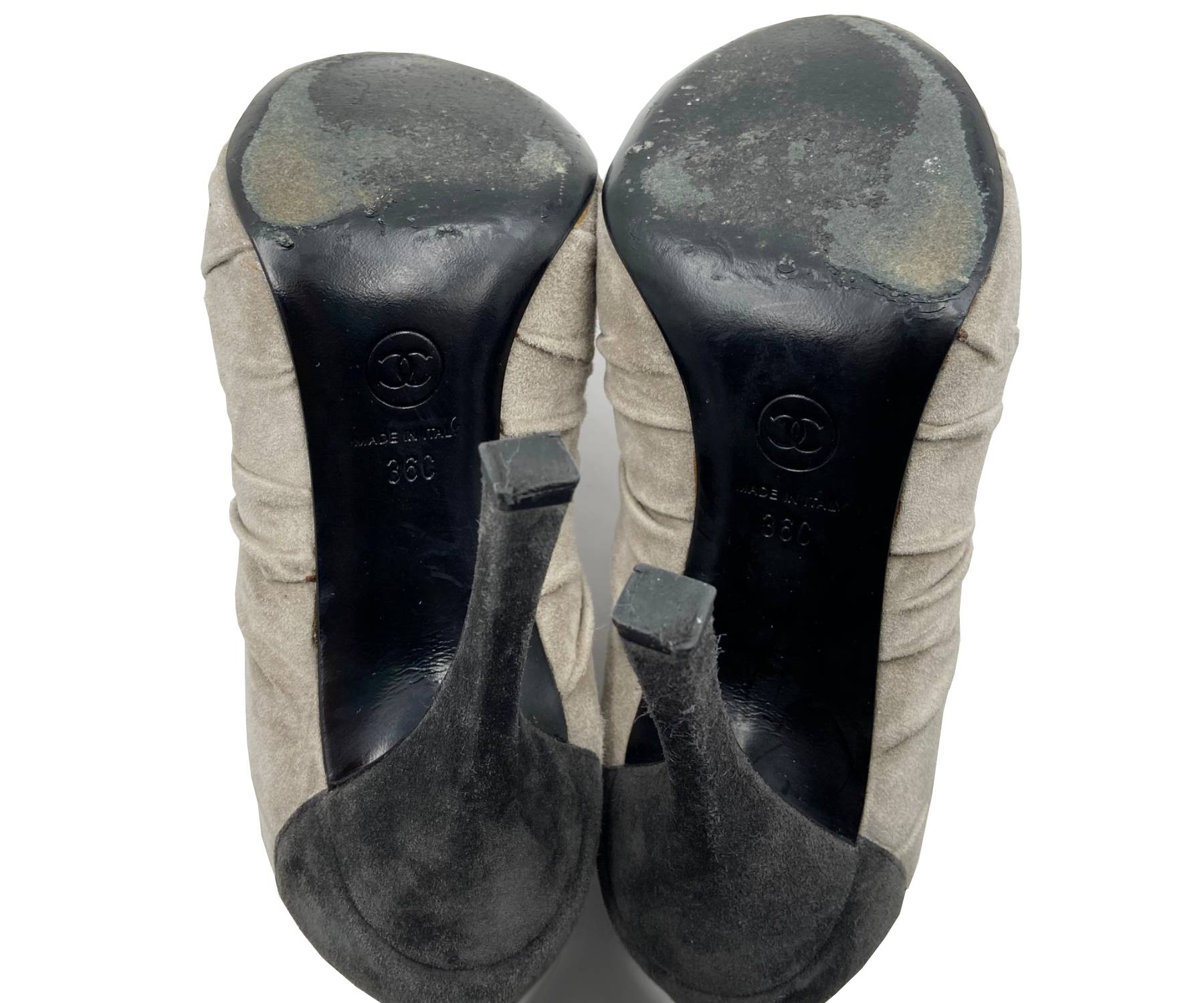 Chanel Silver Camellia Black Warm Grey Suede Ankle Boots - Image 7