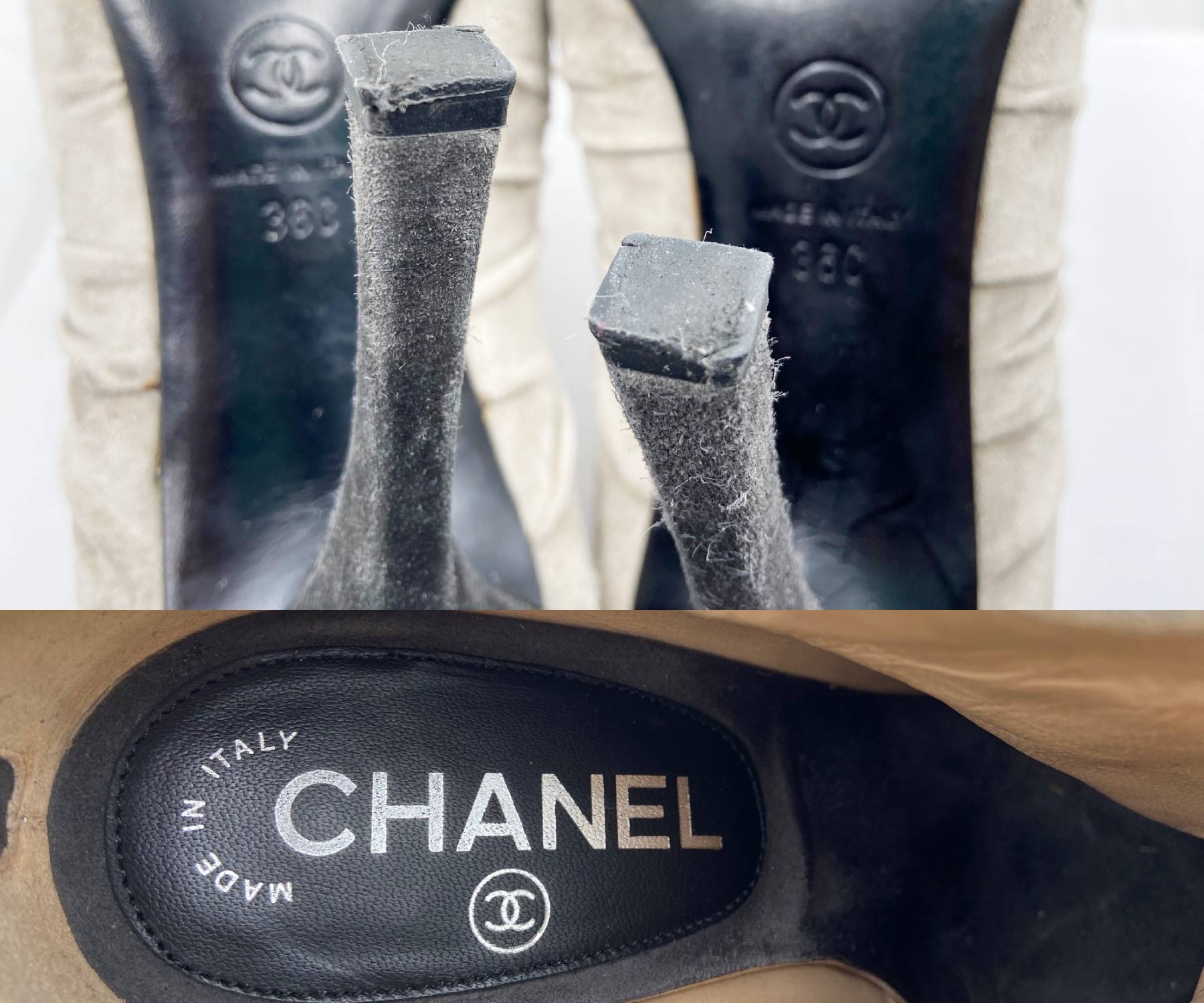 Chanel Silver Camellia Black Warm Grey Suede Ankle Boots - Image 8