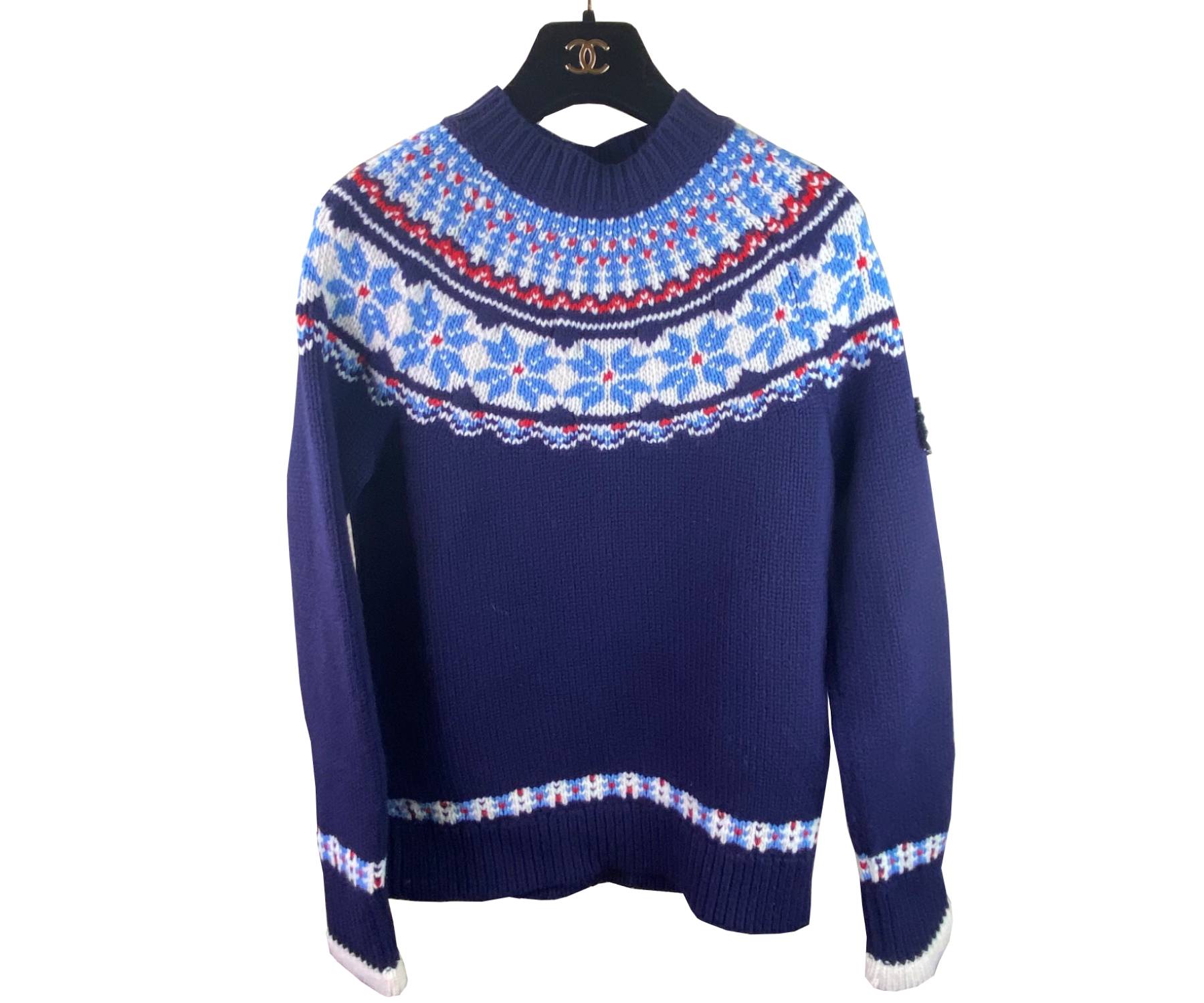 Chanel Brand New Navy Neige Nordic Wool Crew Neck Pullover Sweater - Image 3
