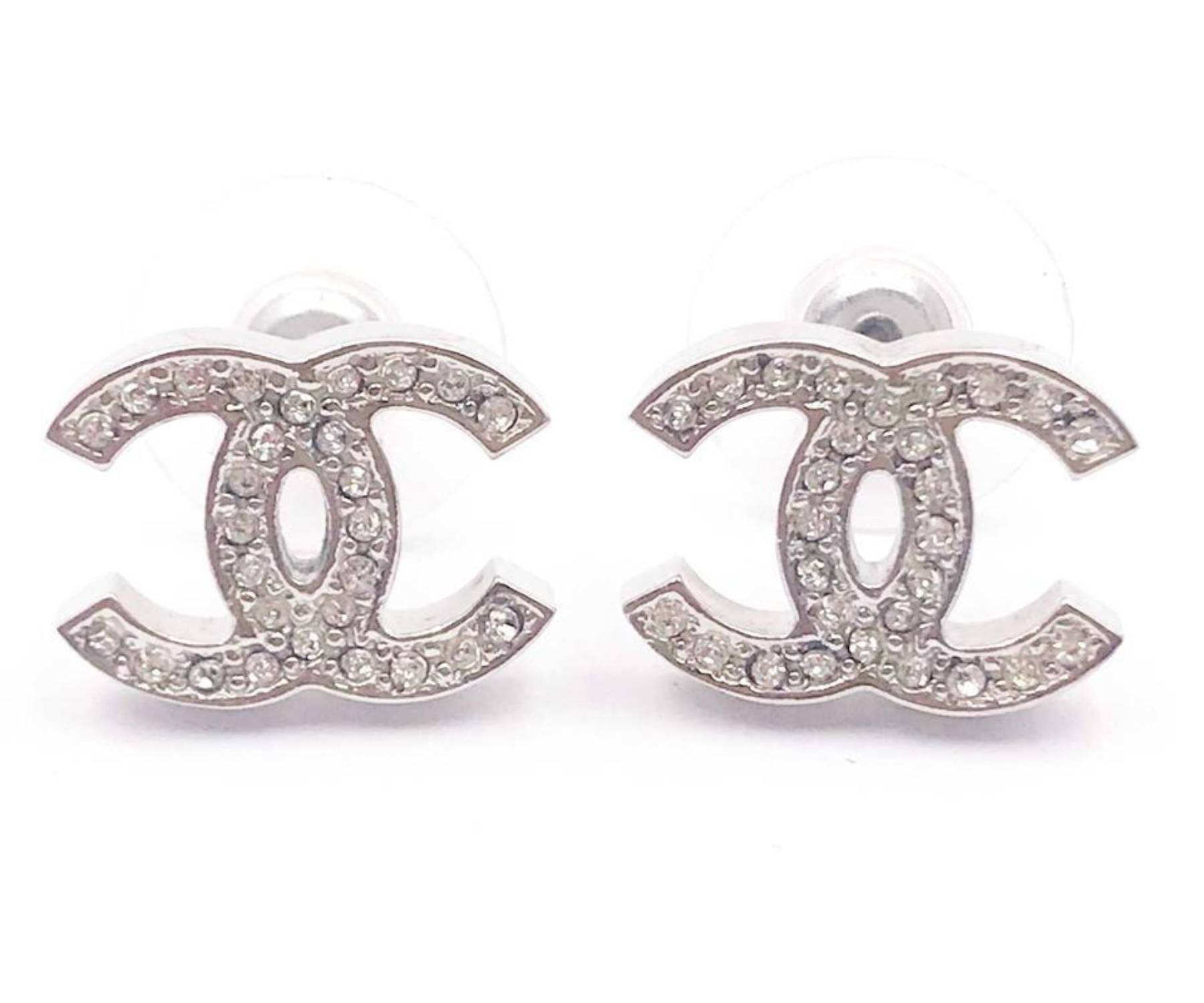 Chanel Classic Silver CC Crystal Reissued Piercing Earrings