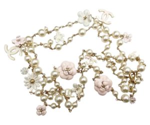 Chanel Gold CC White Pink Pastel Flower Long Pearl Necklace