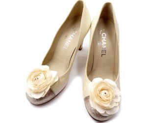 Chanel Brand New Classic Champagne Glitter Camellia Flower Leather Pumps