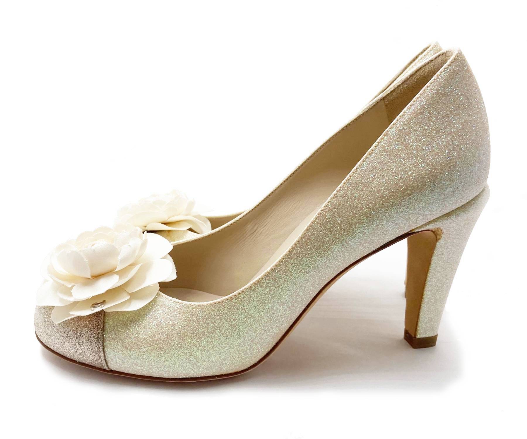 Chanel Brand New Classic Champagne Glitter Camellia Flower Leather Pumps - Image 5