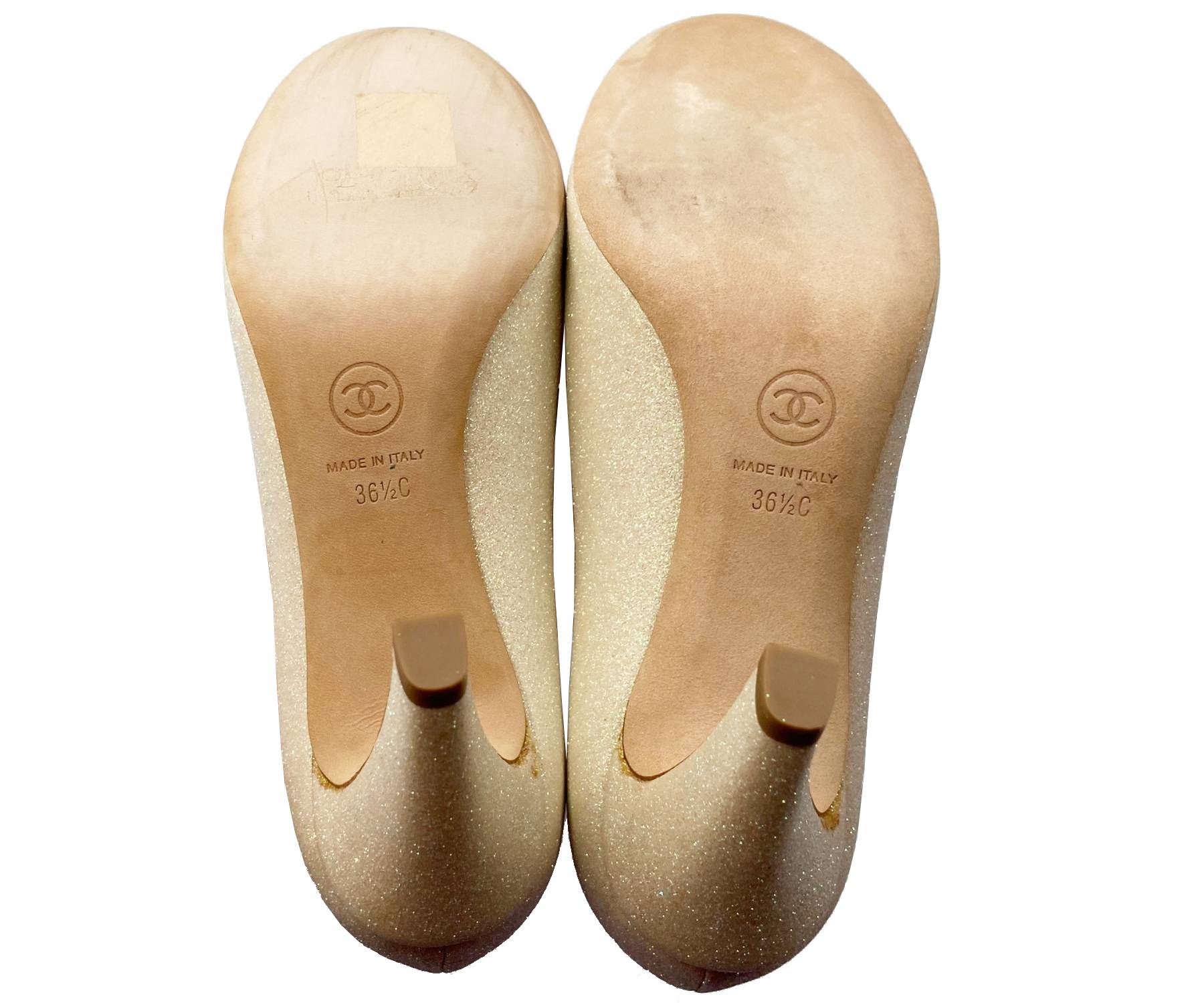 Chanel Brand New Classic Champagne Glitter Camellia Flower Leather Pumps - Image 6