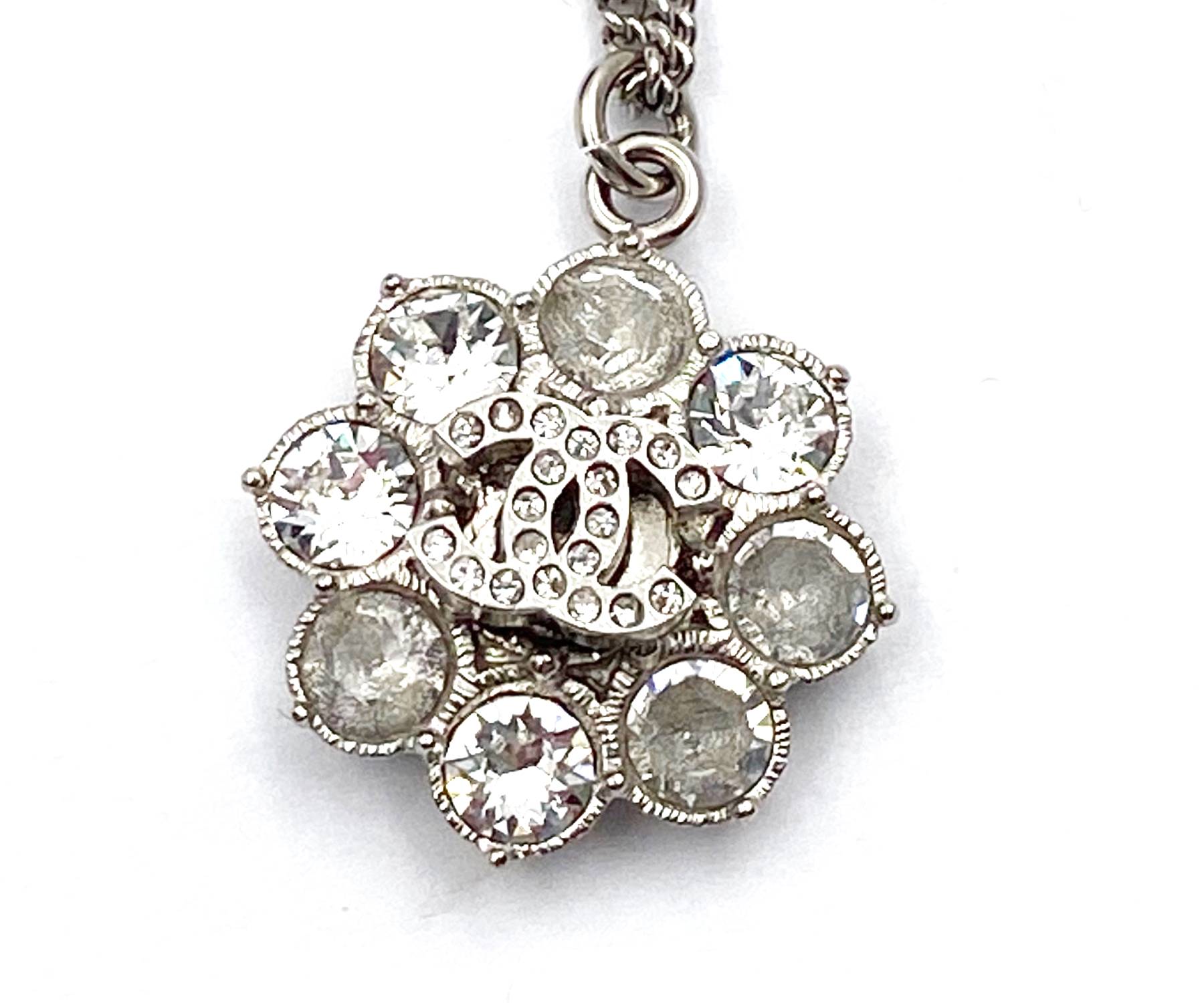 Chanel Silver CC Snowflake Silver Grey Crystal Necklace - Image 4