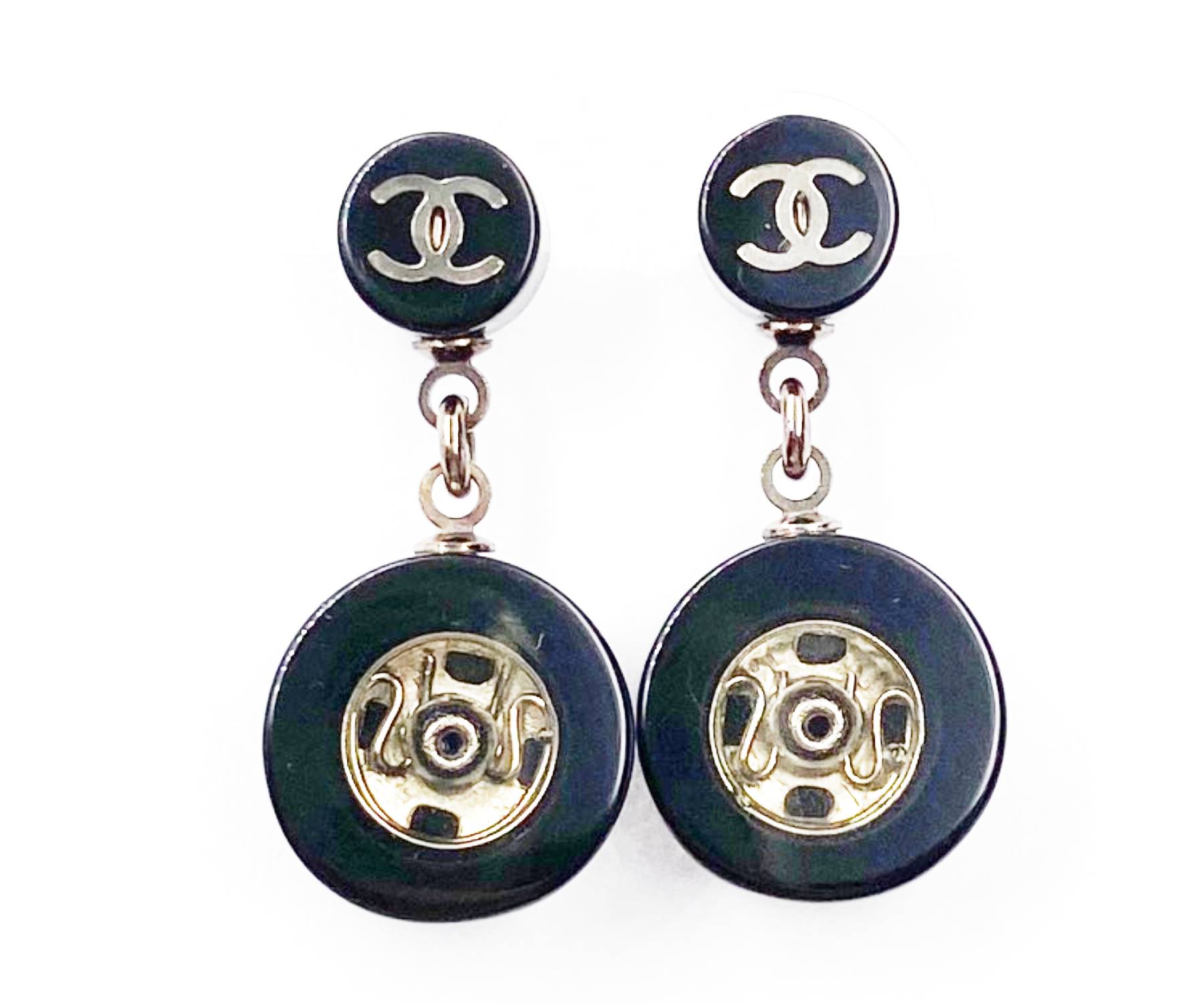 Chanel Silver CC Snap Black Resin Piercing Earrings
